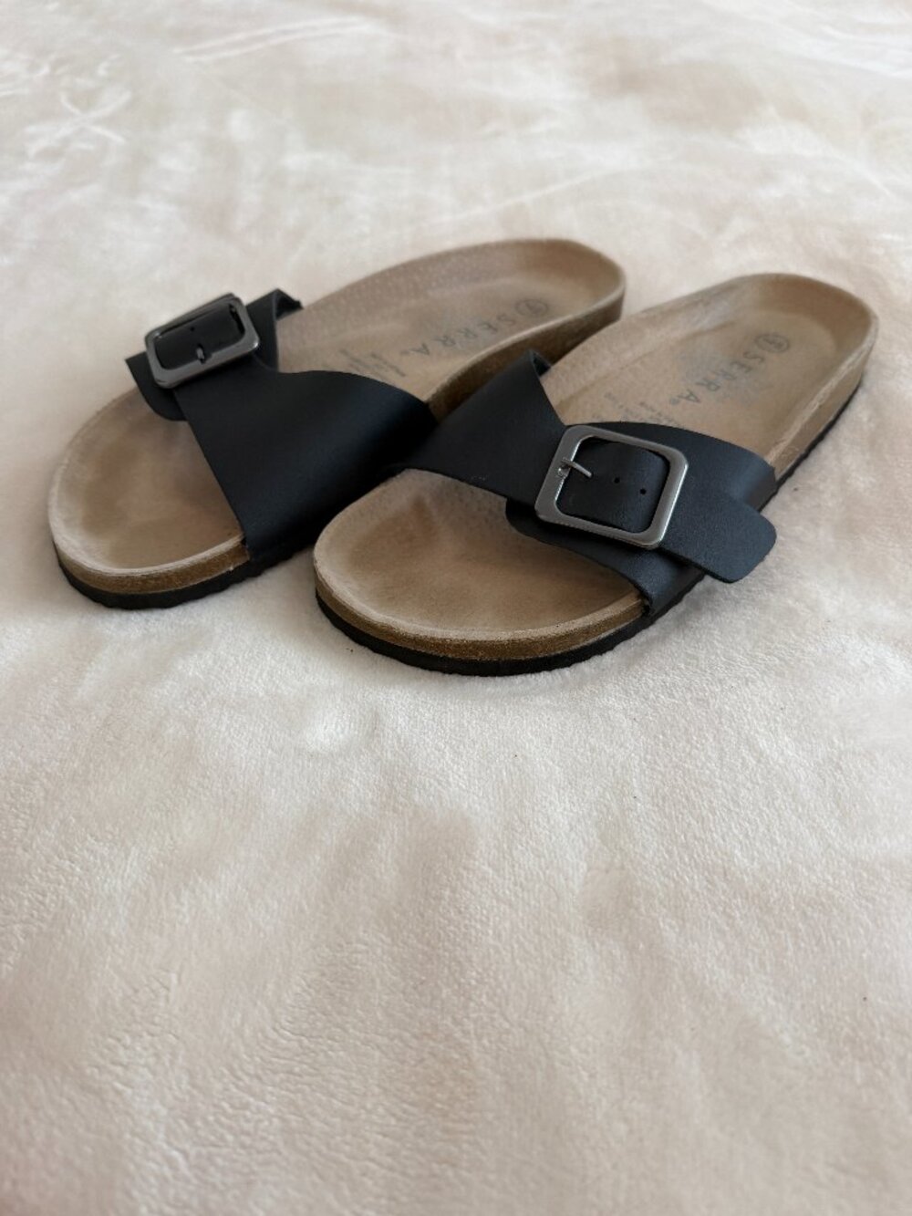 Serra Womens Size 7 Black Leather Buckle Footbed Slide Sandals Aldi